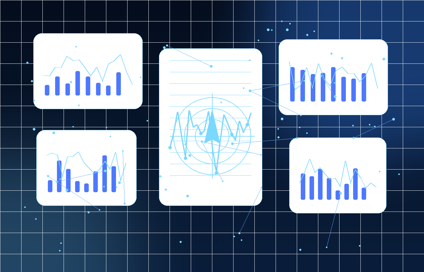 Abstract intelligence map with data panels, network nodes and analytical structures.