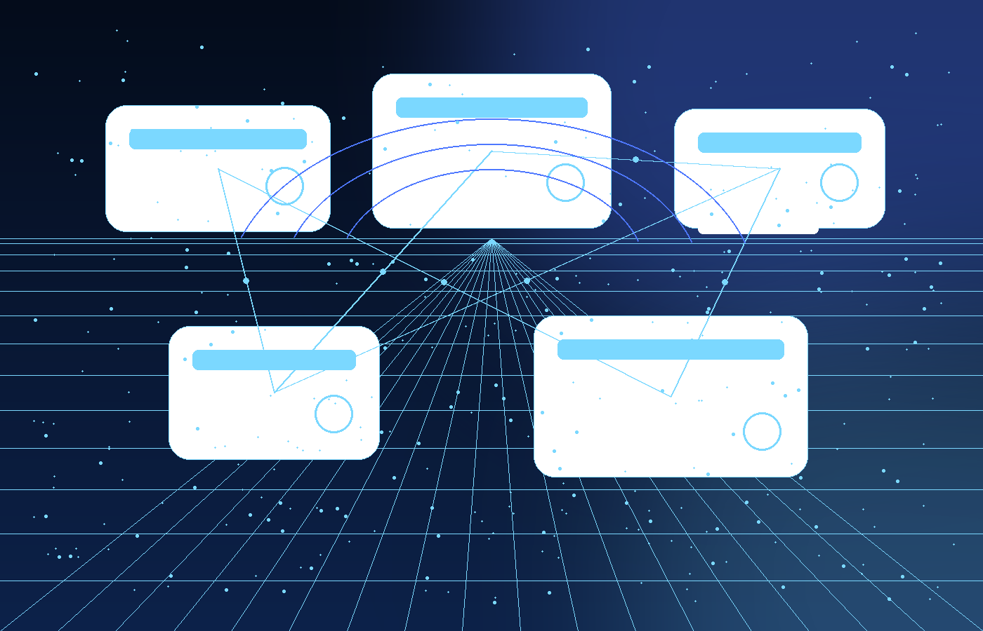 Abstract digital systems network with connected technology modules and blue data grid.
