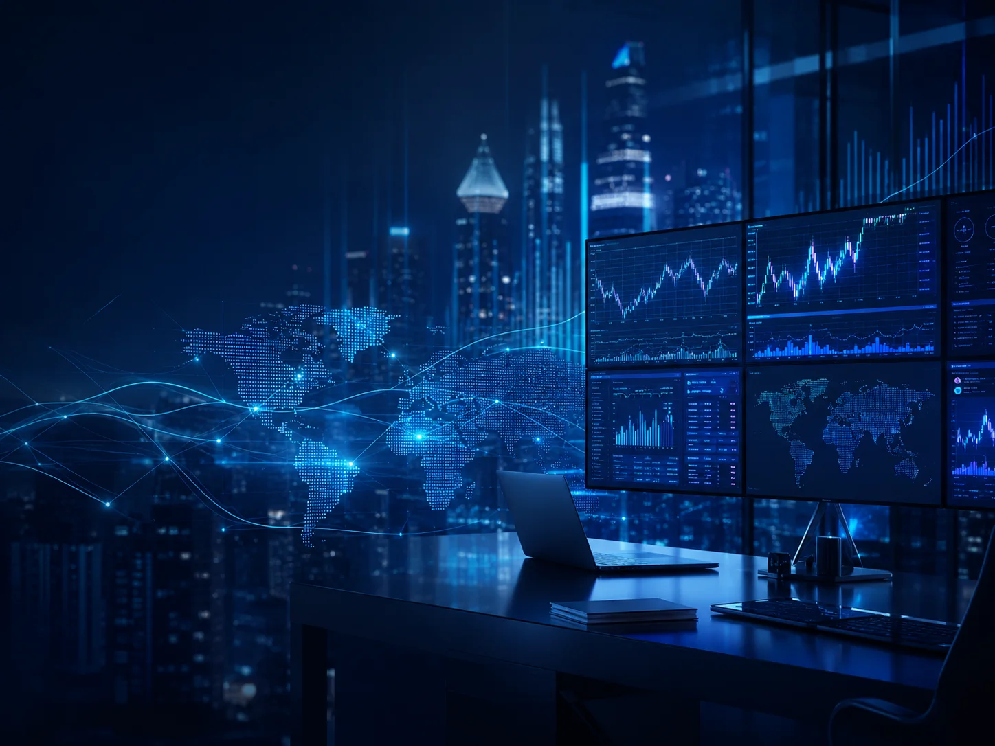 Analytics workstation with financial dashboards and a digital world map.