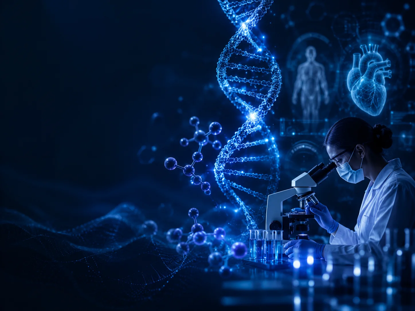 Futuristic biotech laboratory scene with a DNA visualization and microscope.