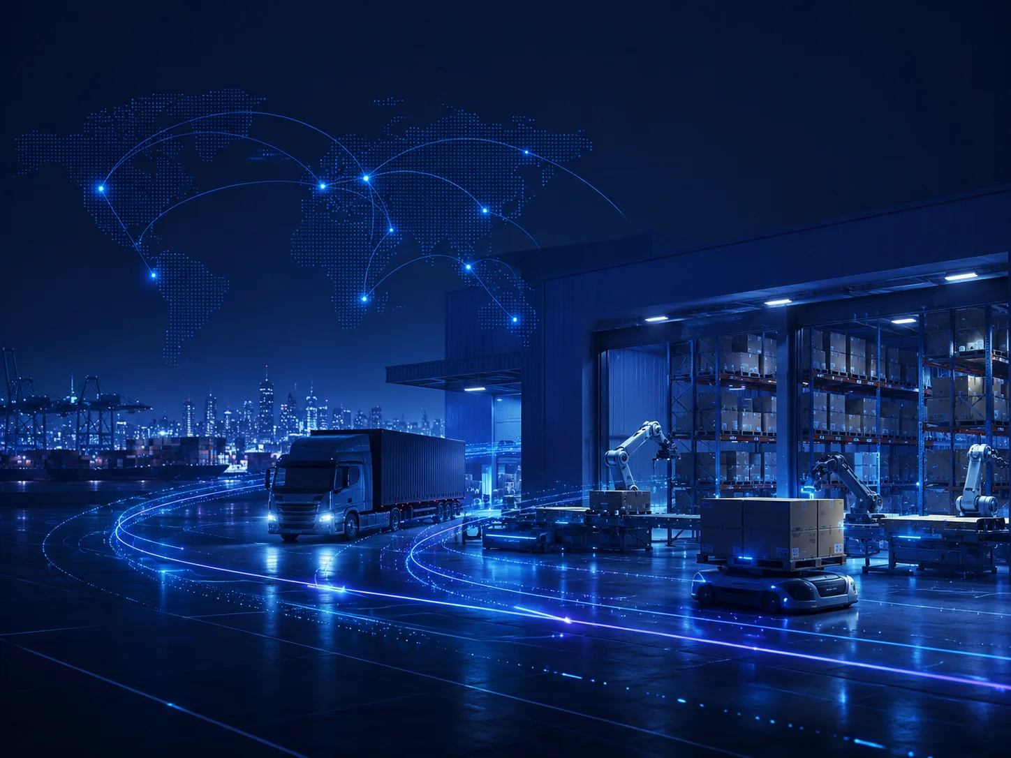 Automated warehouse and logistics scene with robotics and global network overlays.