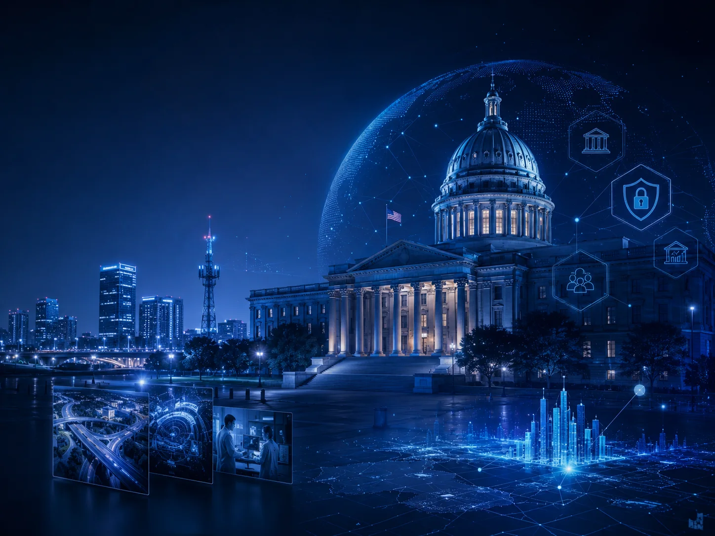Government building with digital network and smart-city style overlays.